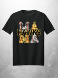 Distressed HAWKS Mama design on black unisex tee, light gray studio background