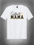 Softball Mama graphic on white unisex tee, gray studio background