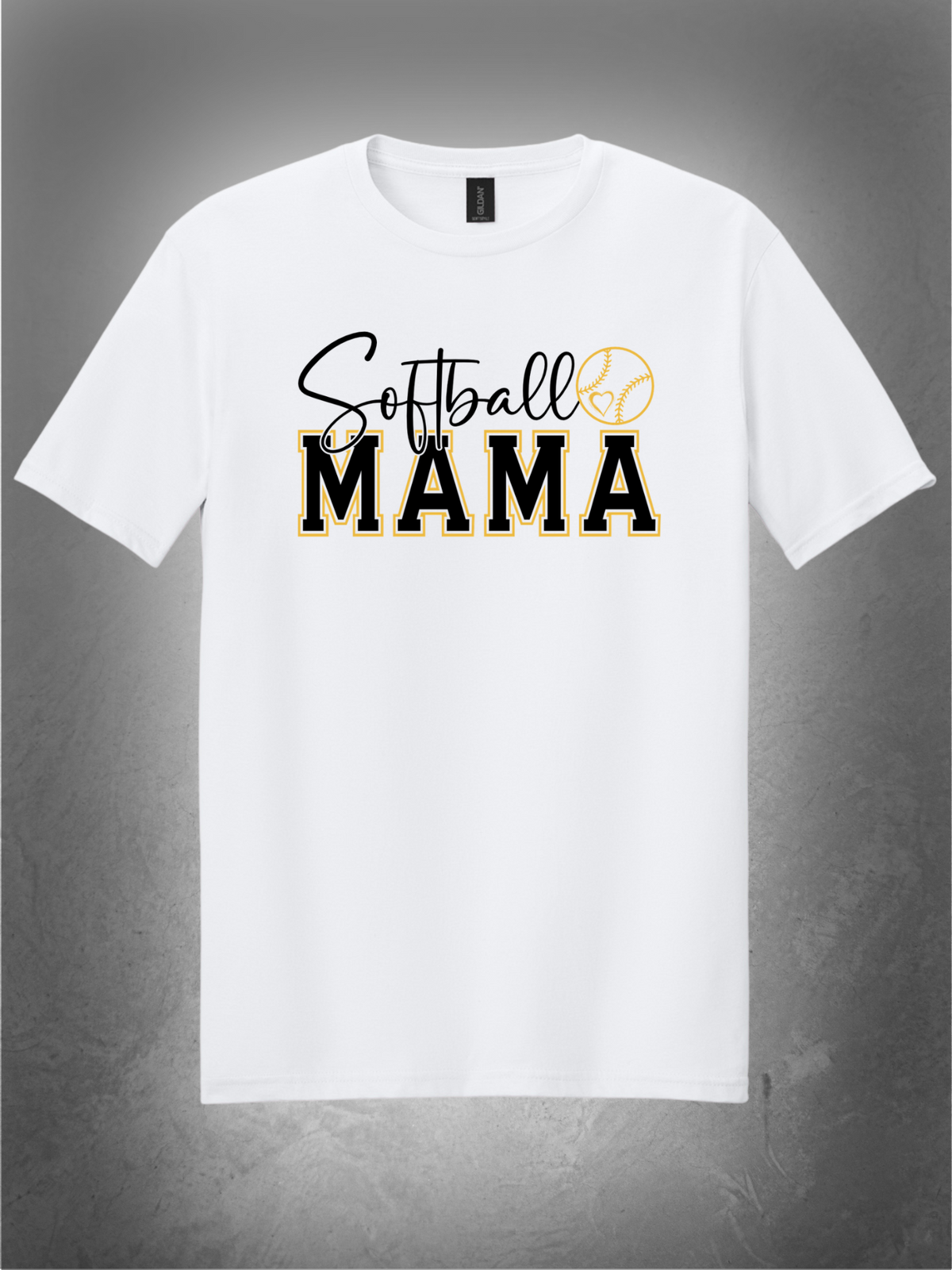 Softball Mama graphic on white unisex tee, gray studio background
