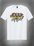 Leopard HAWKS softball design on white unisex tee, gray studio background