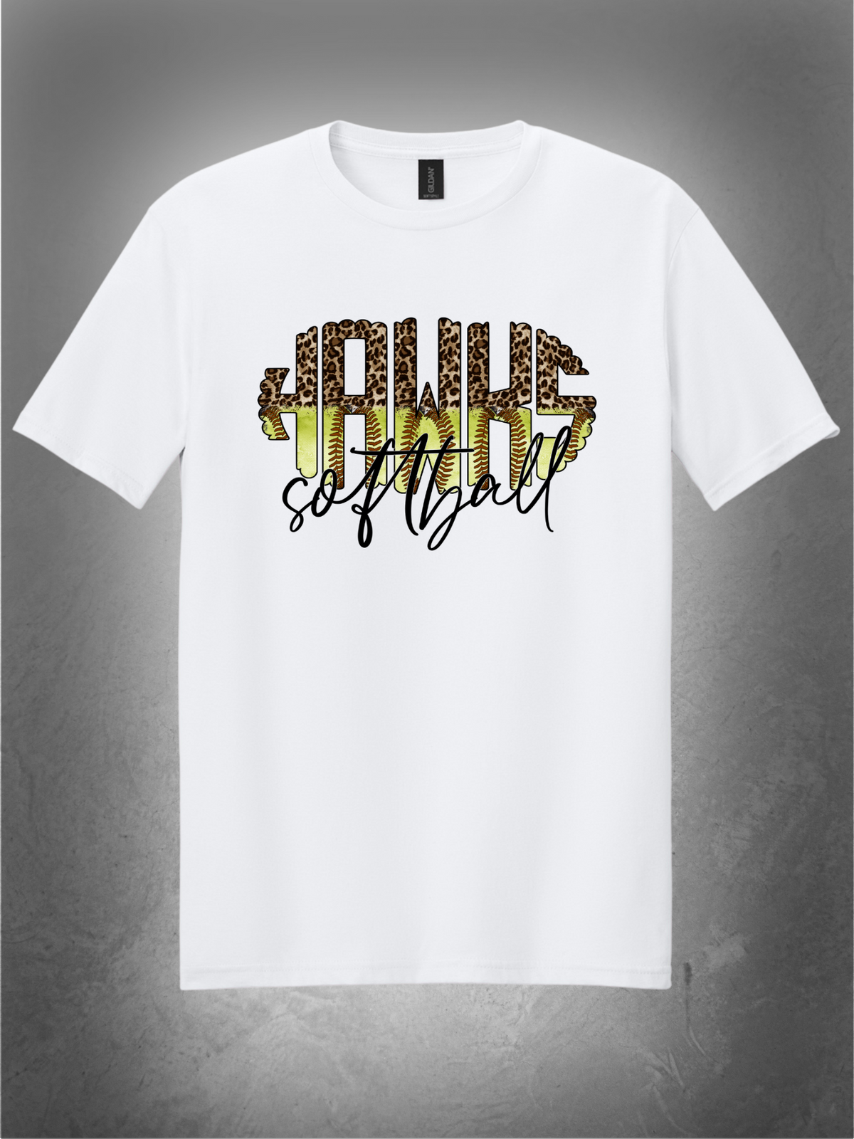 Leopard HAWKS softball design on white unisex tee, gray studio background
