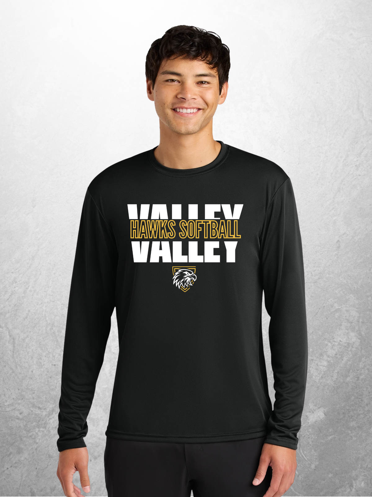 Hawks Softball block design on adult black performance long sleeve