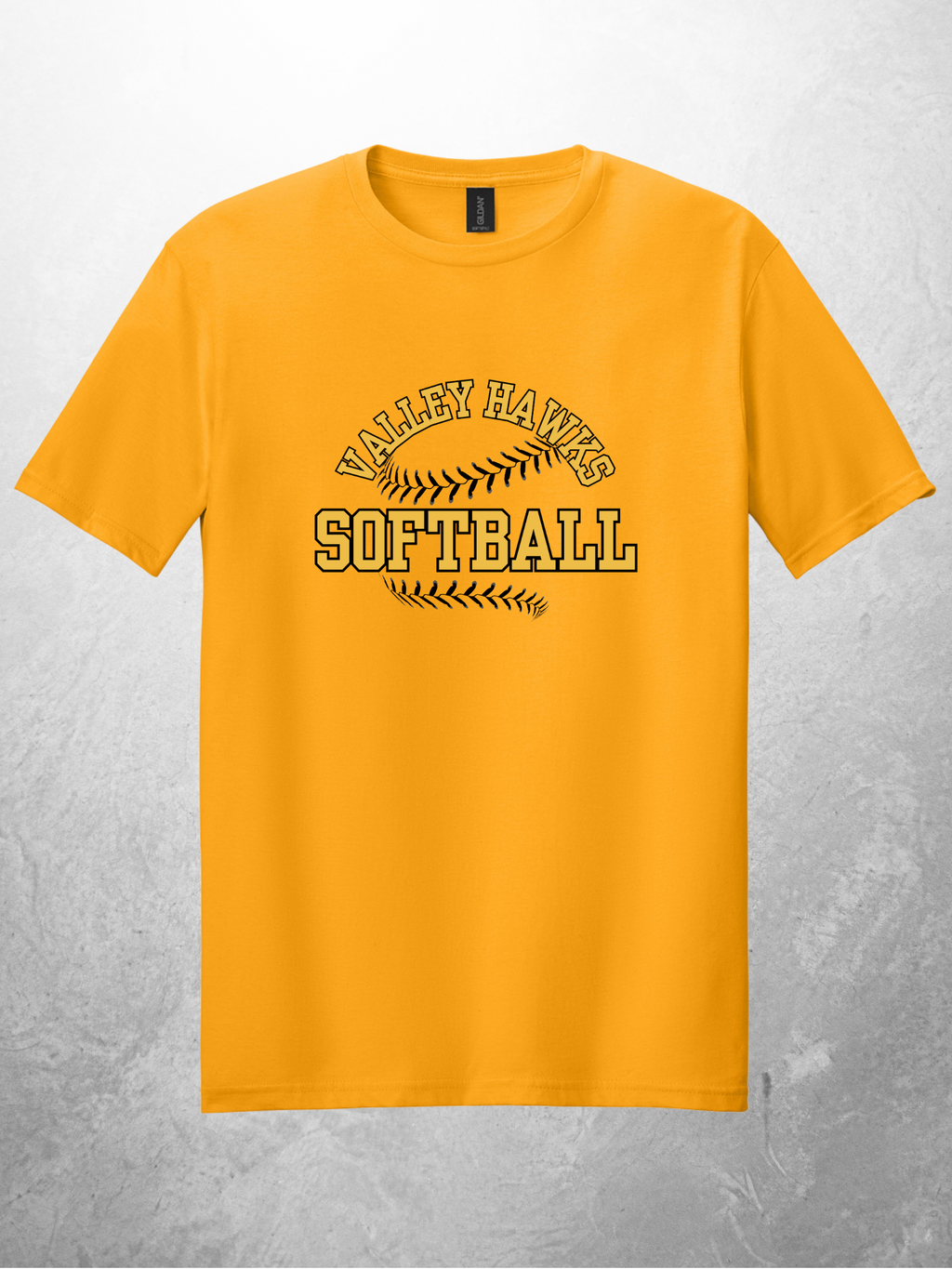 Valley Hawks Softball arch design on gold tee