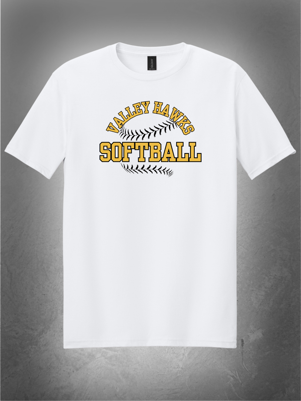 Valley Hawks Softball arch design on white tee