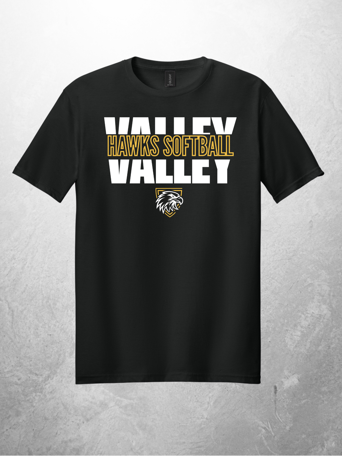 Hawks Softball block design on black tee
