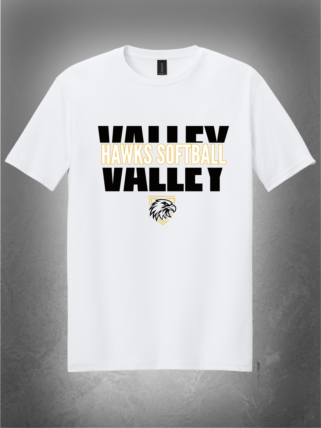Hawks Softball block design on white tee