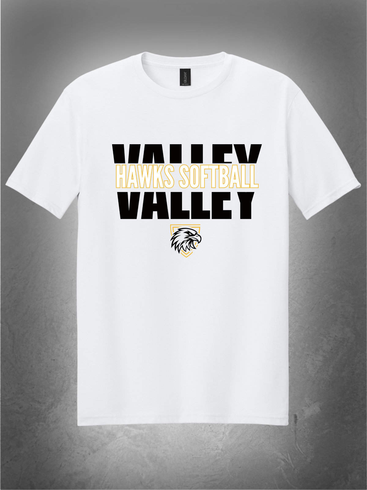 Hawks Softball block design on white tee