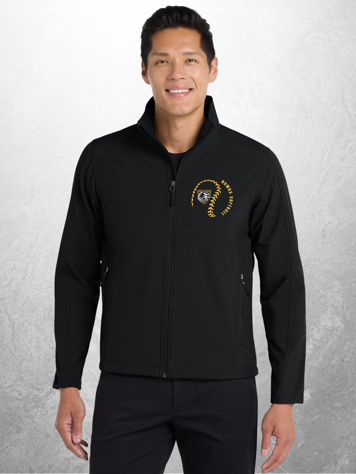 Hawks Softball swirl design adult black soft shell jacket mockup