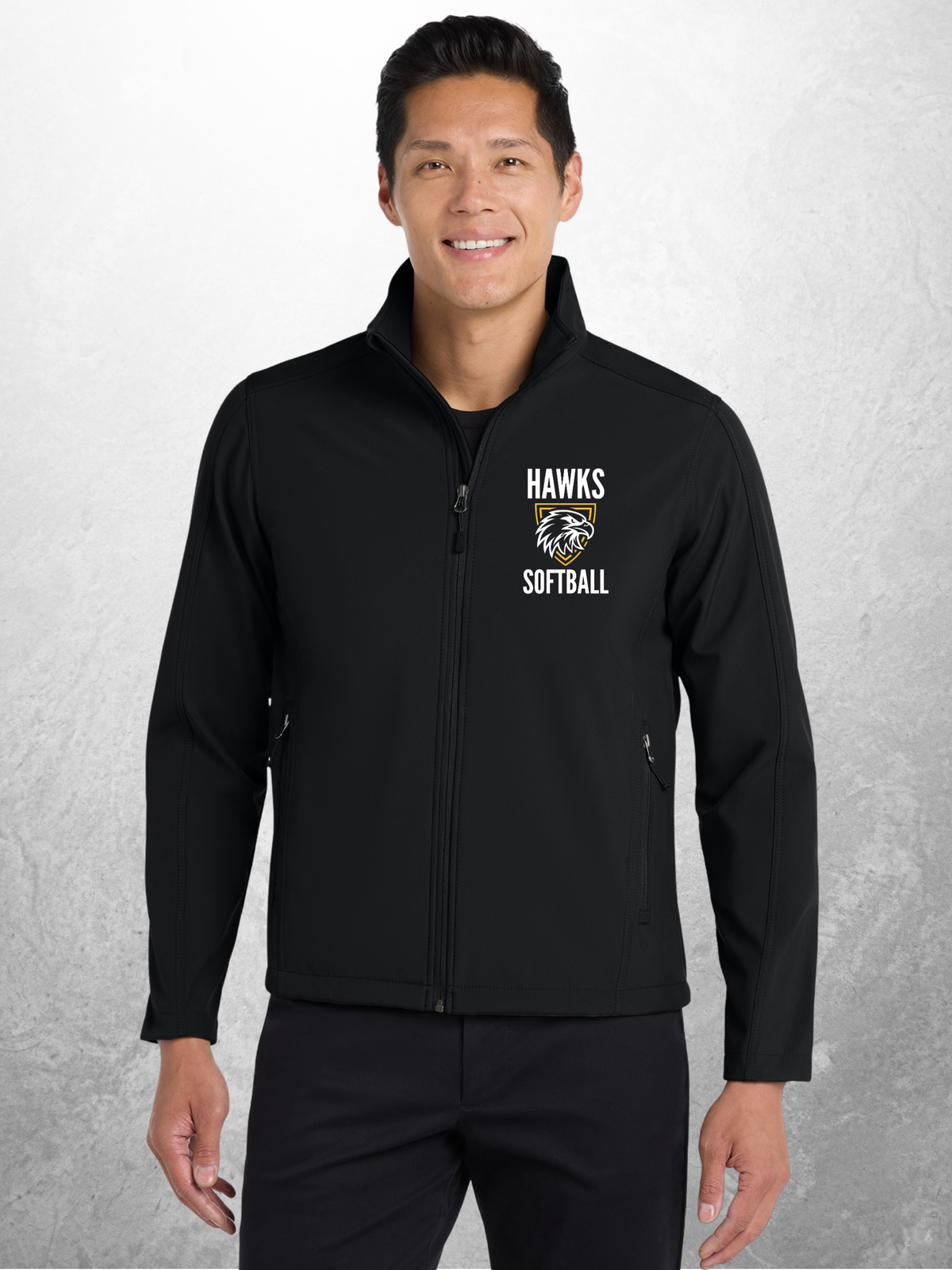 Hawks Softball vertical design adult black soft shell jacket mockup