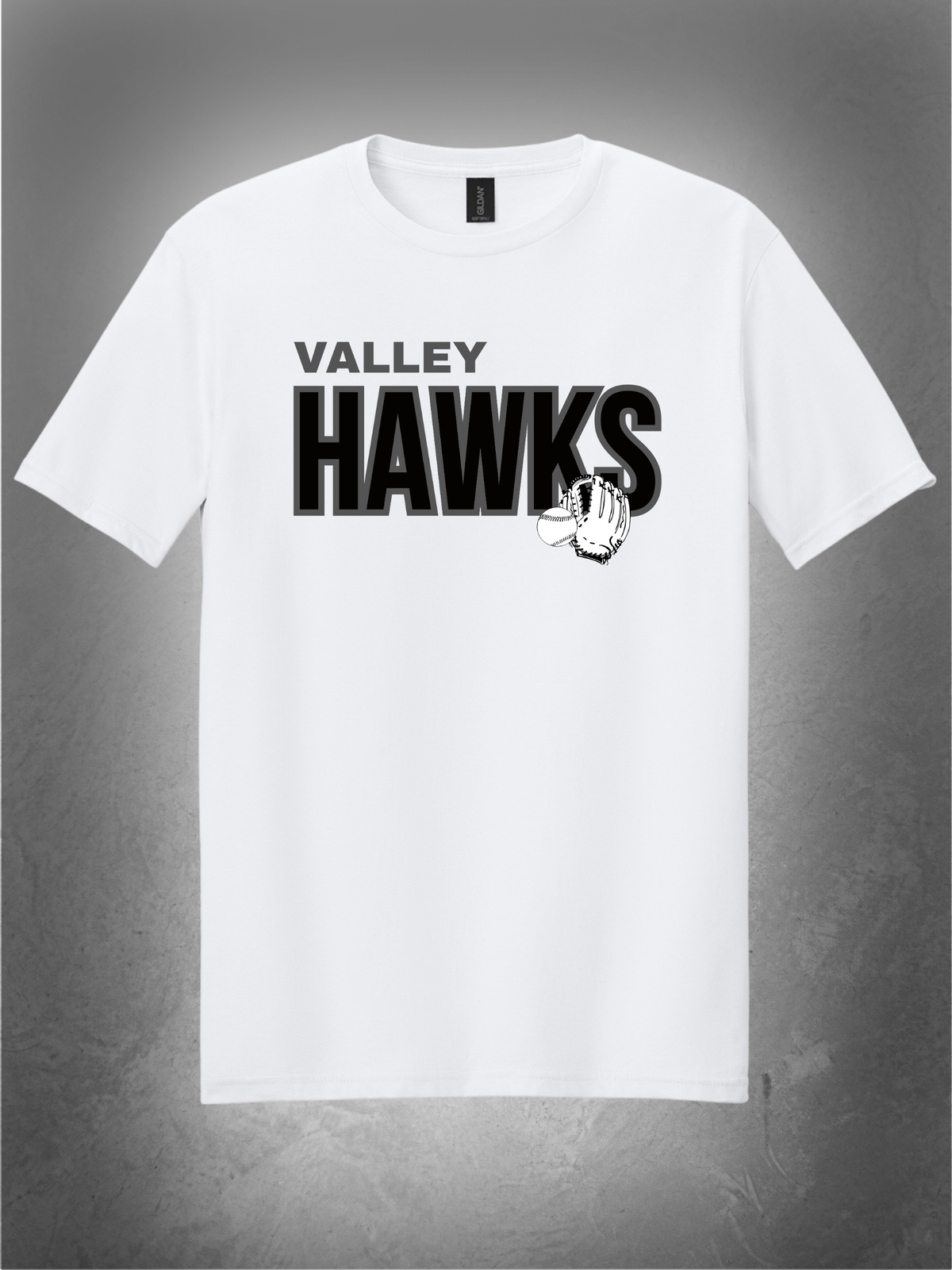 Valley Hawks stacked design on white tee