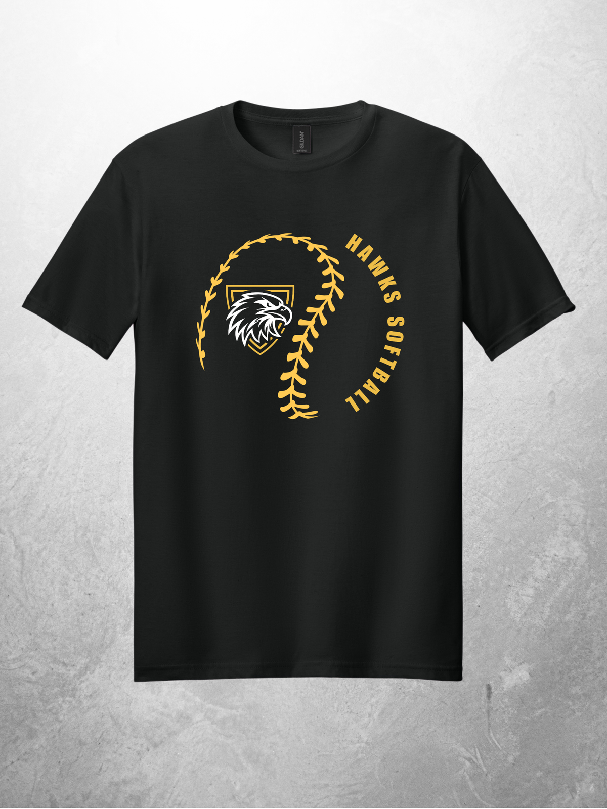 Hawks Softball swirl design on black tee