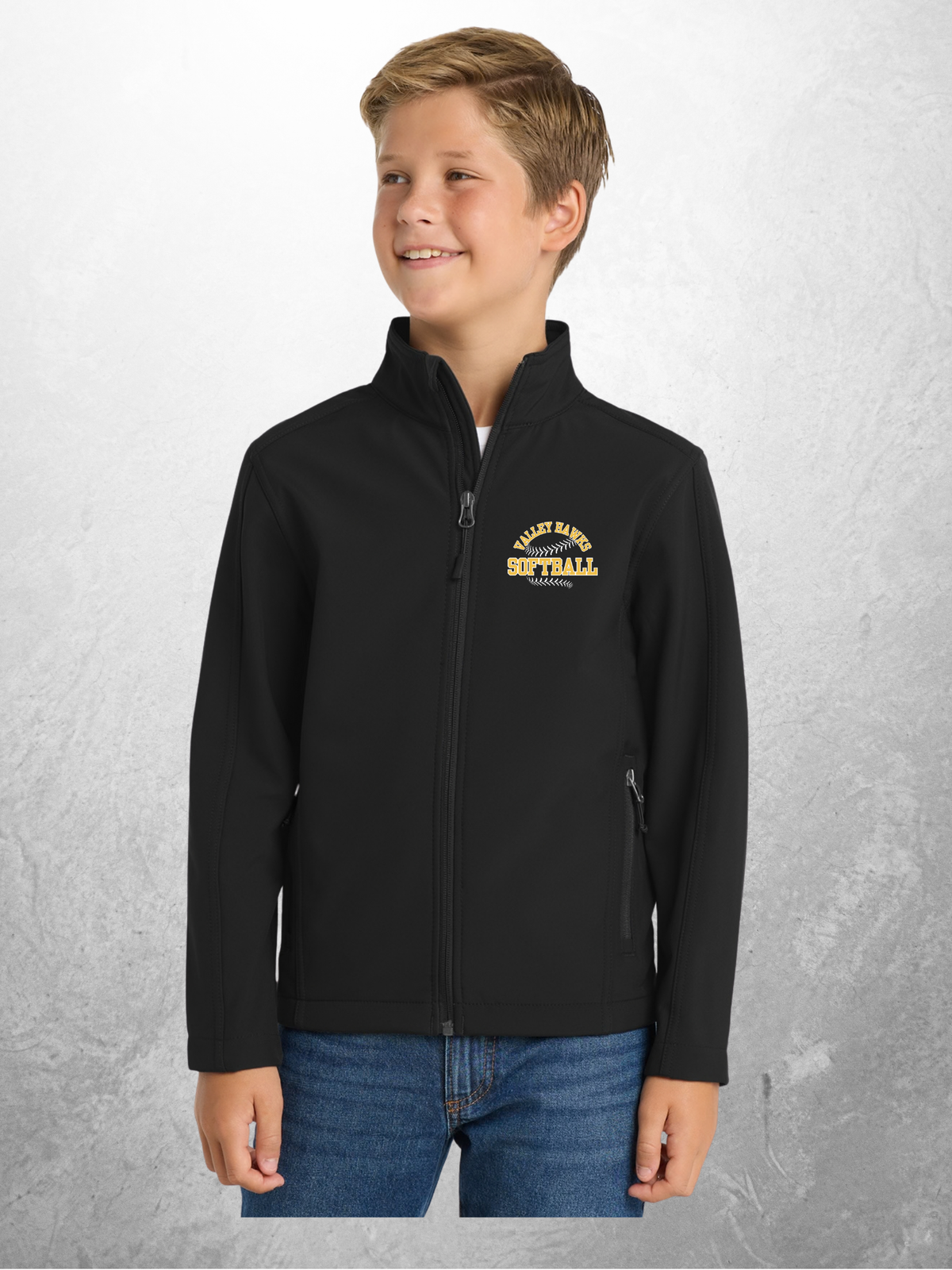 Hawks Softball logo youth black soft shell jacket mockup