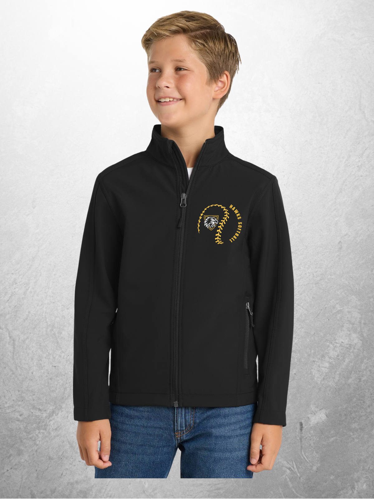 Hawks Softball swirl design youth black soft shell jacket mockup