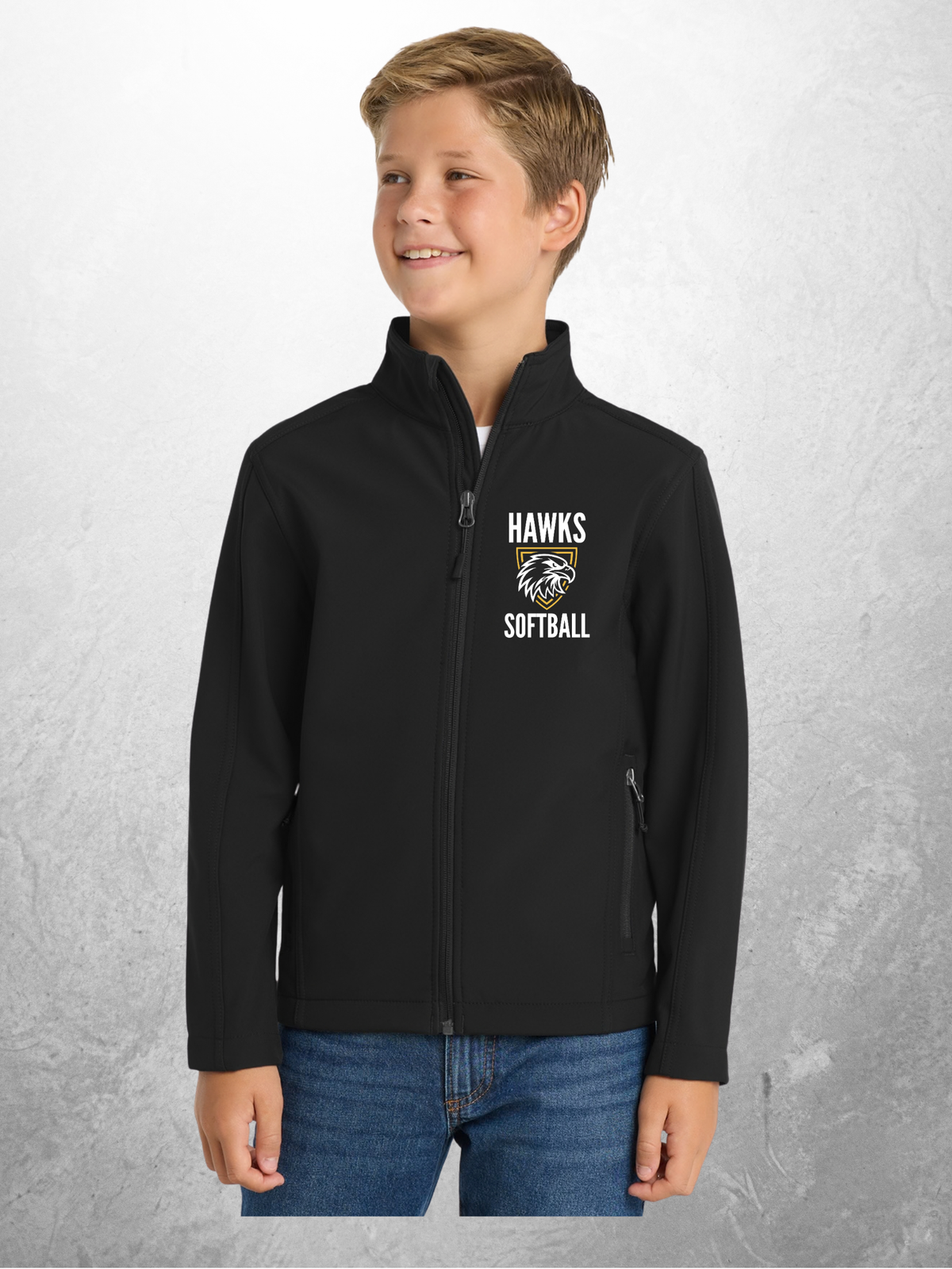 Hawks Softball vertical design youth black soft shell jacket mockup