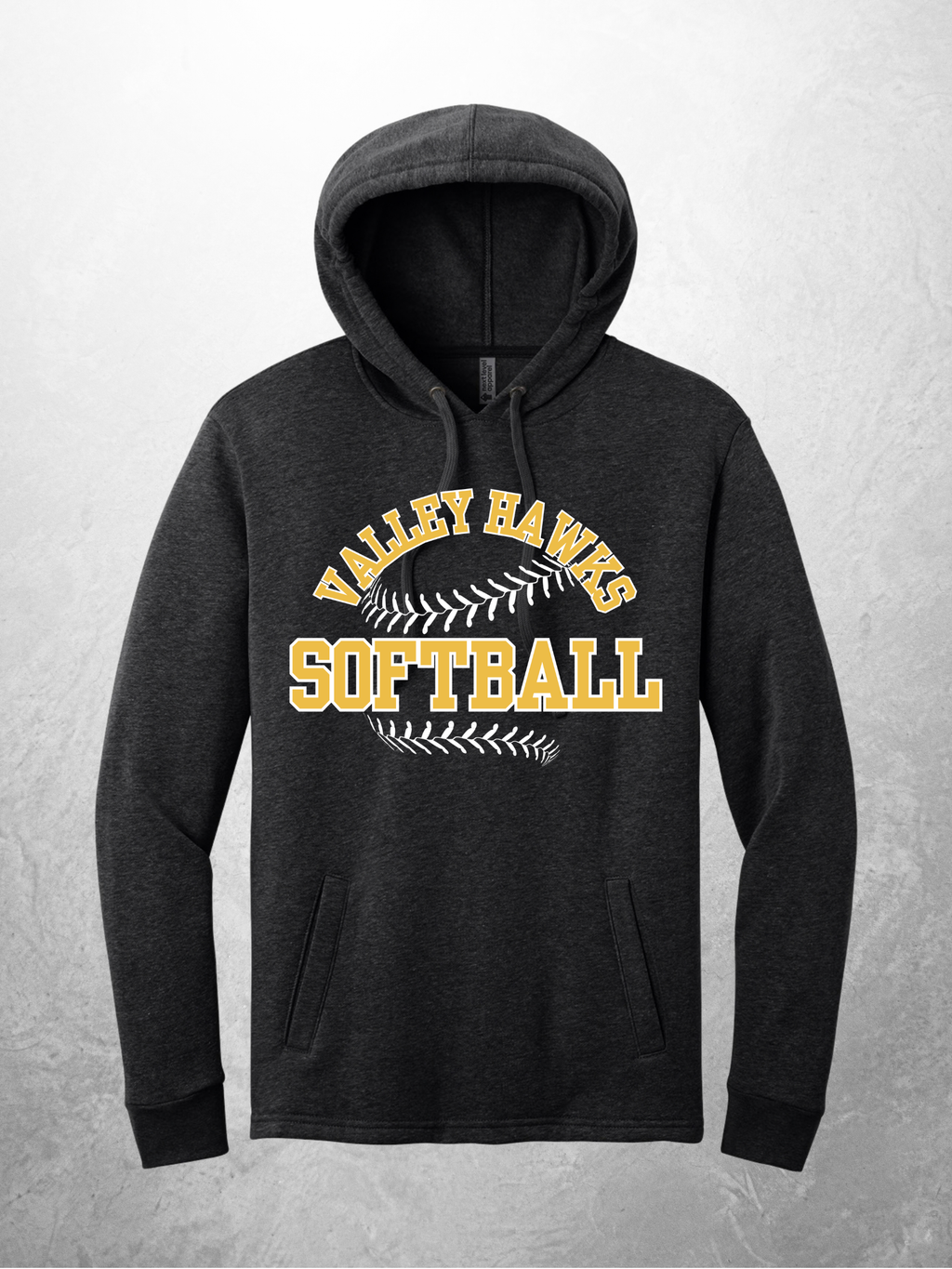 Valley Hawks Softball arch design on heather black hoodie