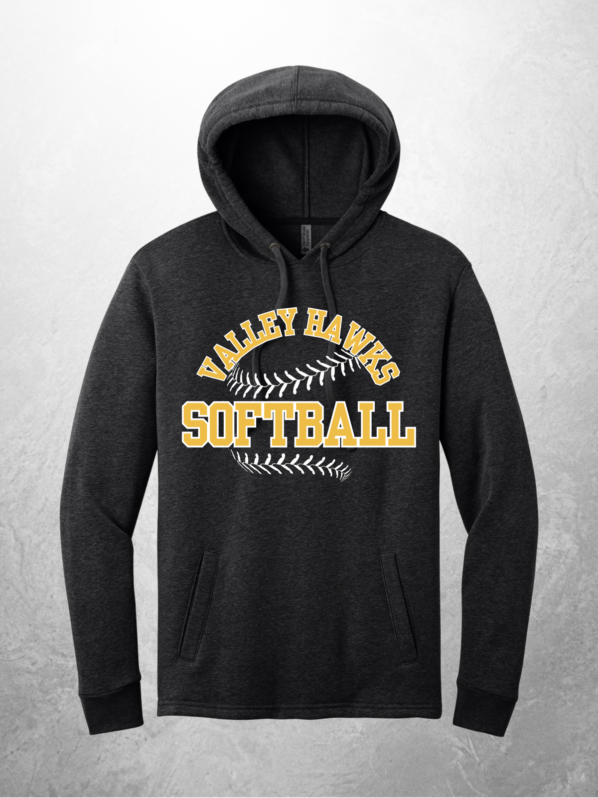 Valley Hawks Softball arch design on heather black hoodie
