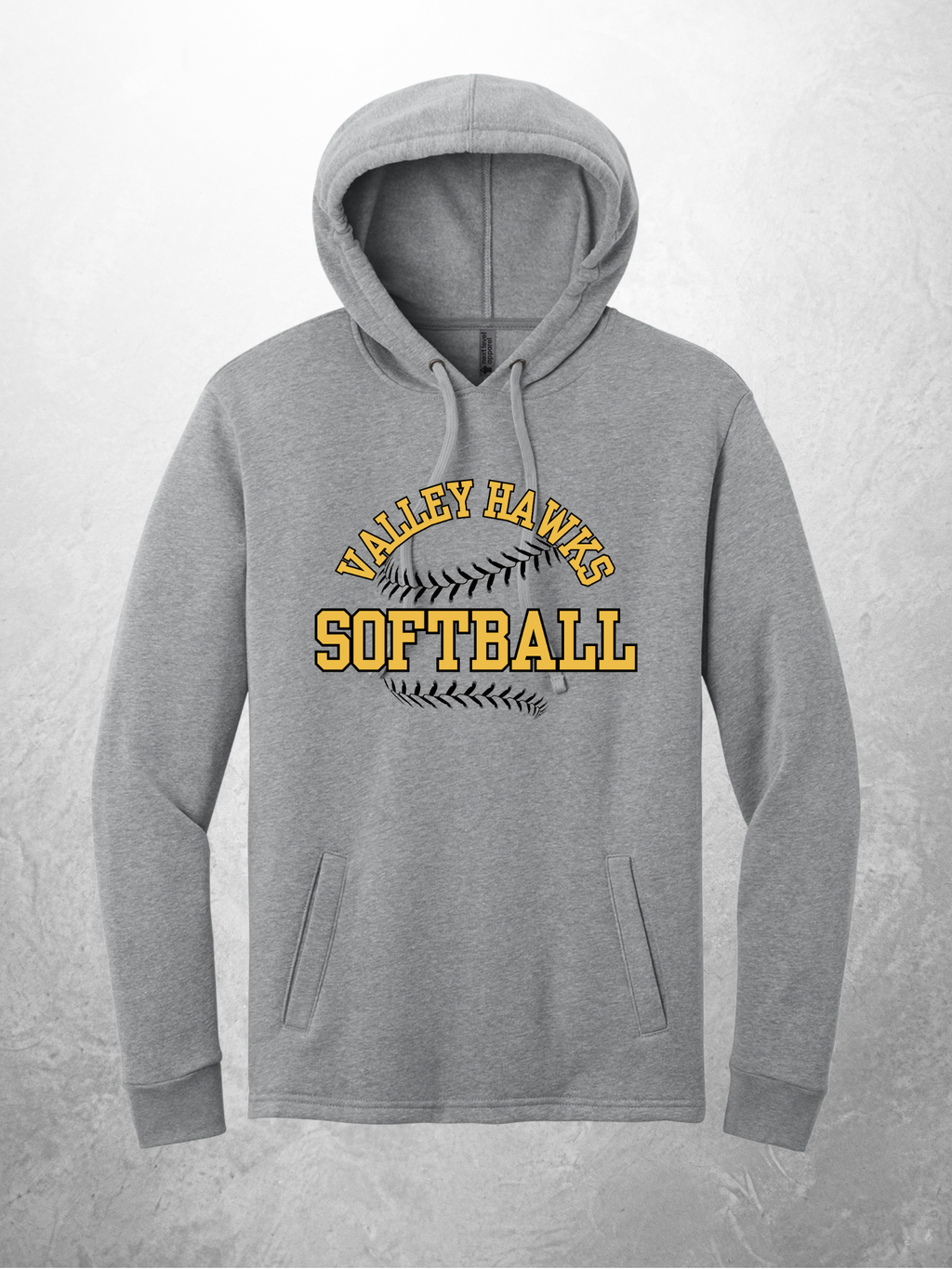 Valley Hawks Softball arch design on heather gray hoodie