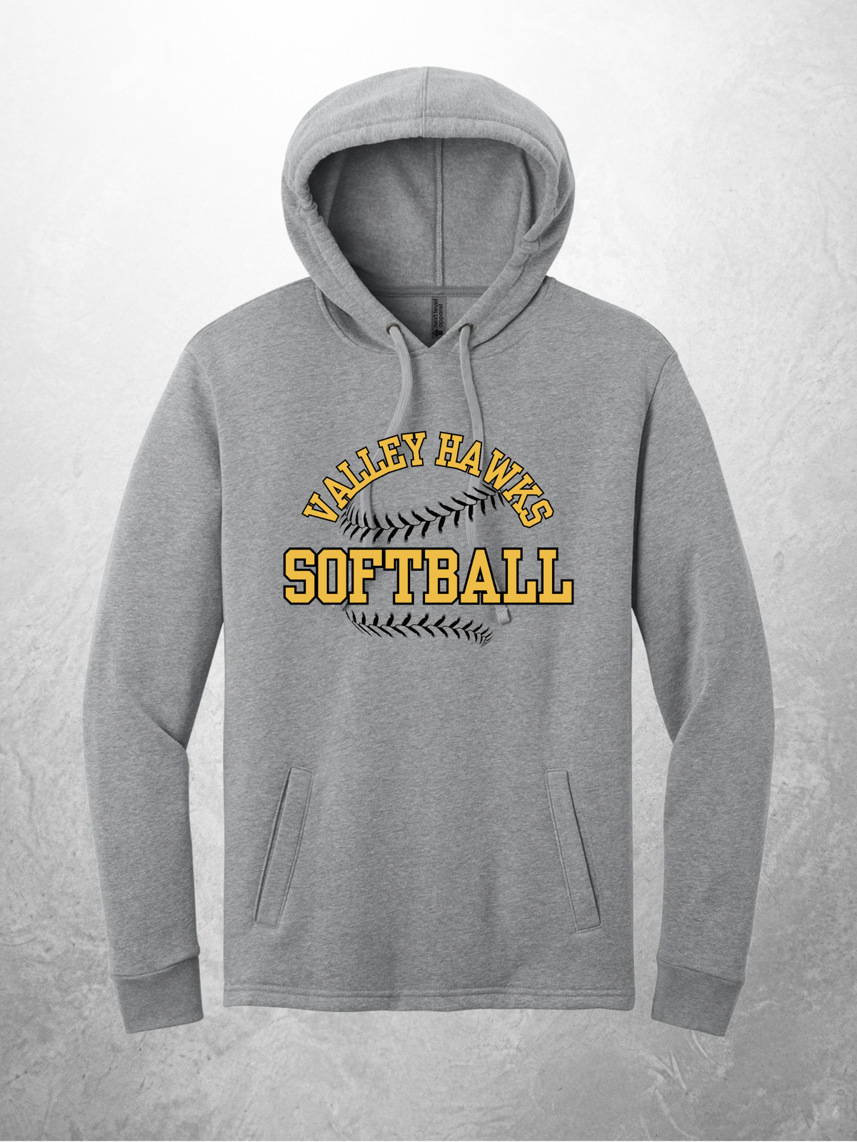 Valley Hawks Softball arch design on heather gray hoodie