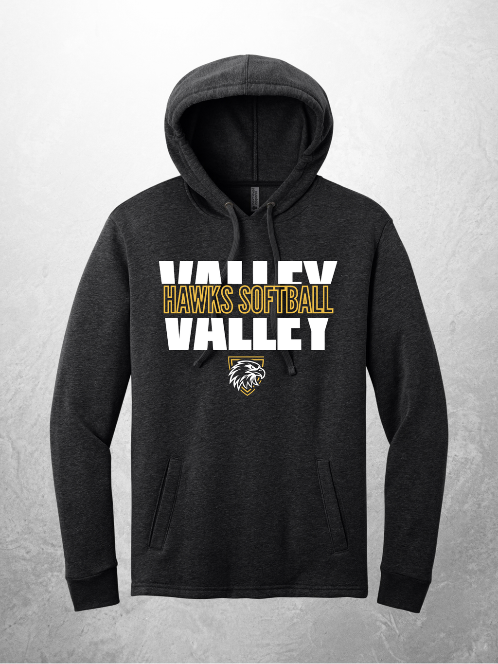 Hawks Softball block design on heather black hoodie
