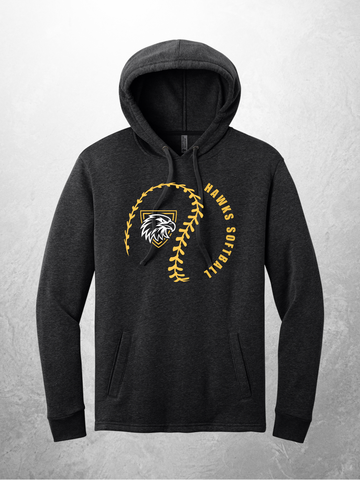 Hawks Softball swirl design on heather black hoodie
