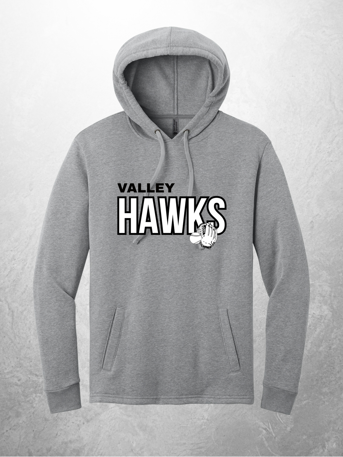 Valley Hawks logo design on heather gray hoodie
