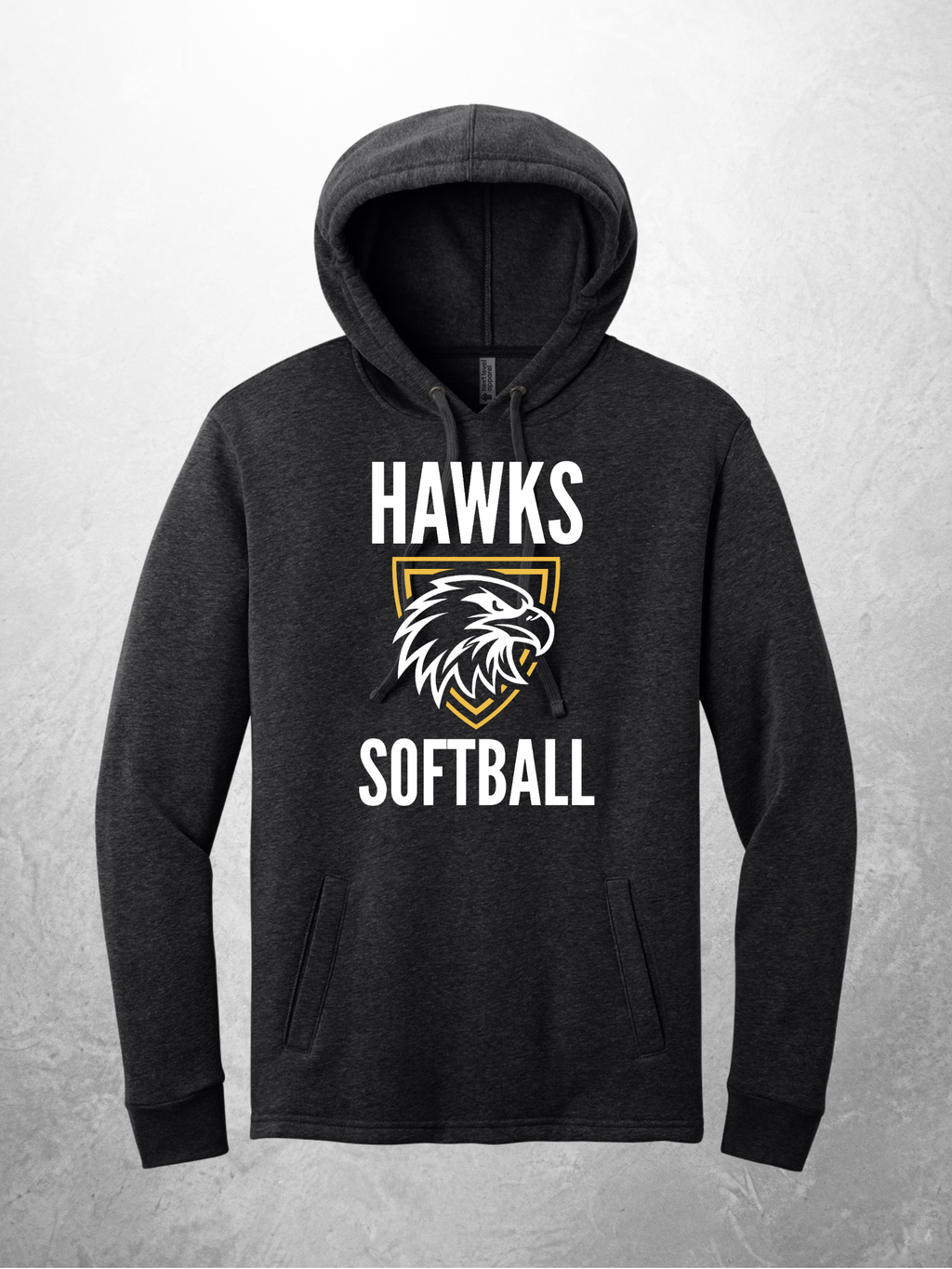 Hawks Softball vertical design on heather black hoodie