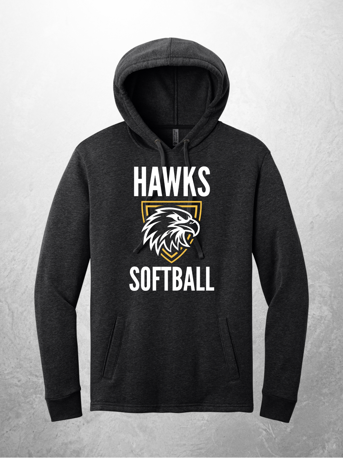 Hawks Softball vertical design on heather black hoodie