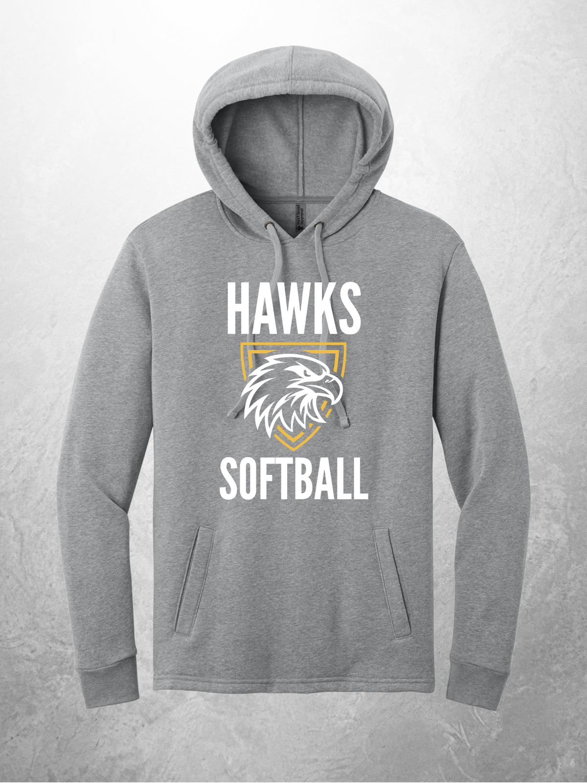 Hawks Softball vertical design on heather gray hoodie