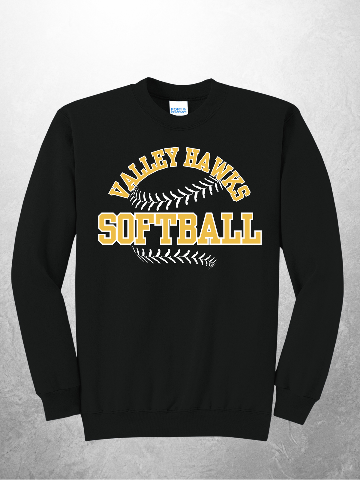 Valley Hawks Softball arch design on black crewneck