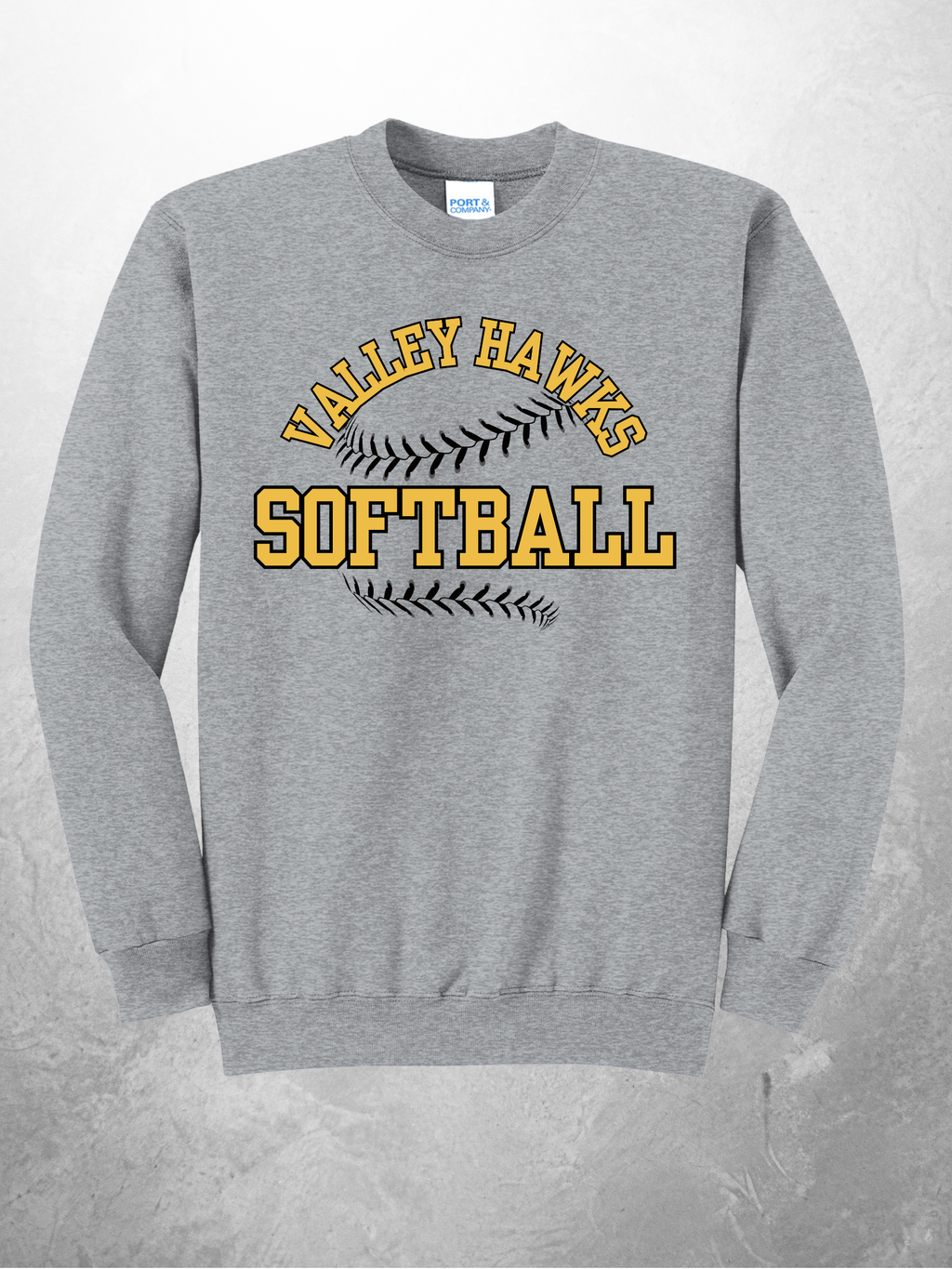 Valley Hawks Softball arch design on athletic heather crewneck