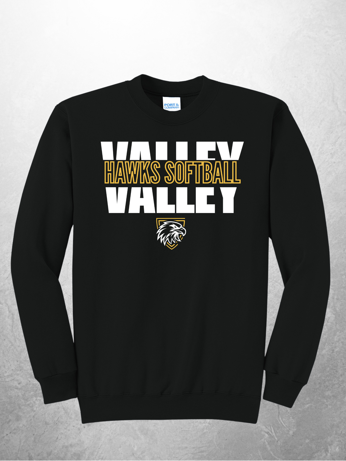 Hawks Softball block design on black crewneck