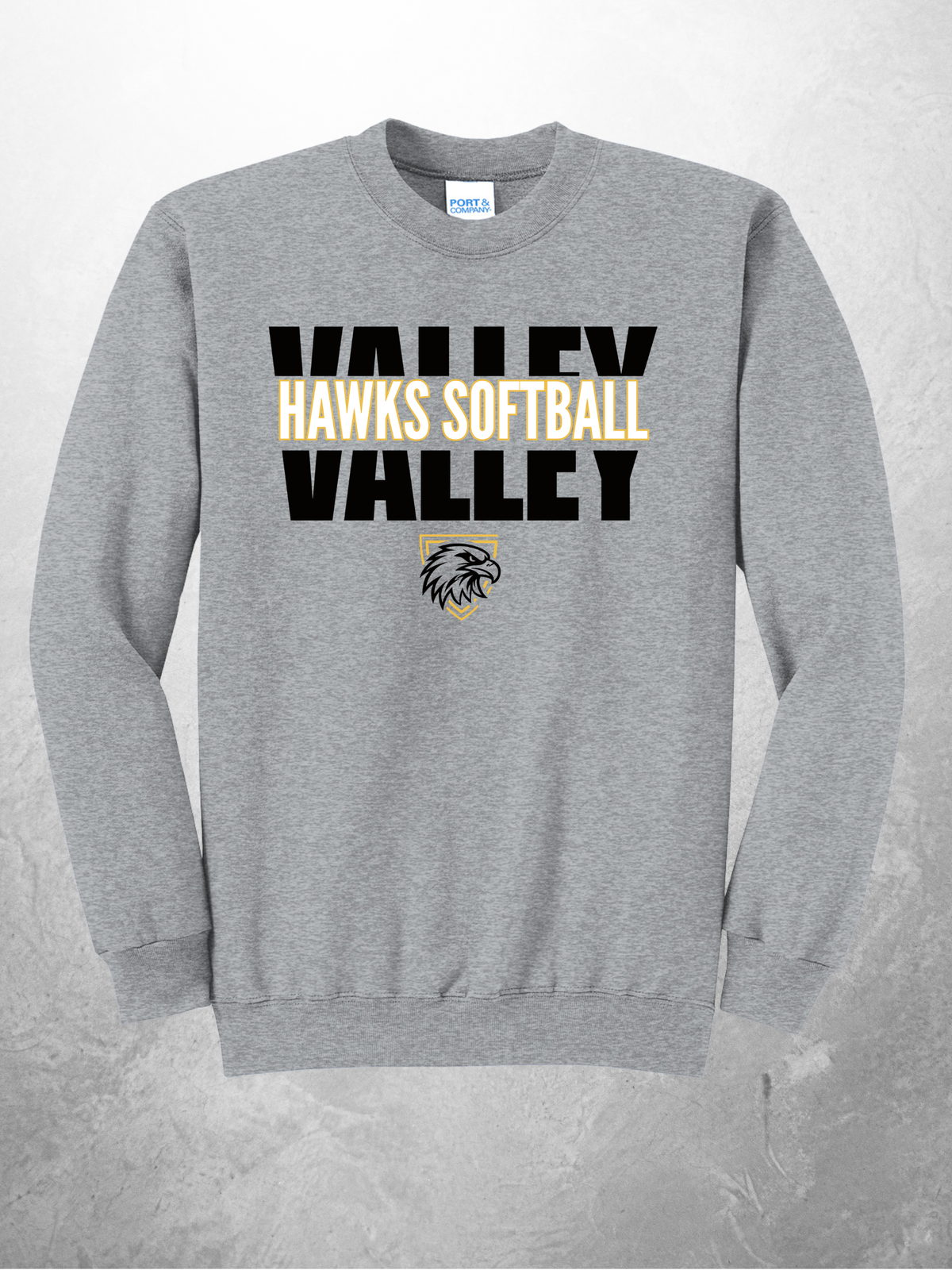 Hawks Softball block design on athletic heather crewneck