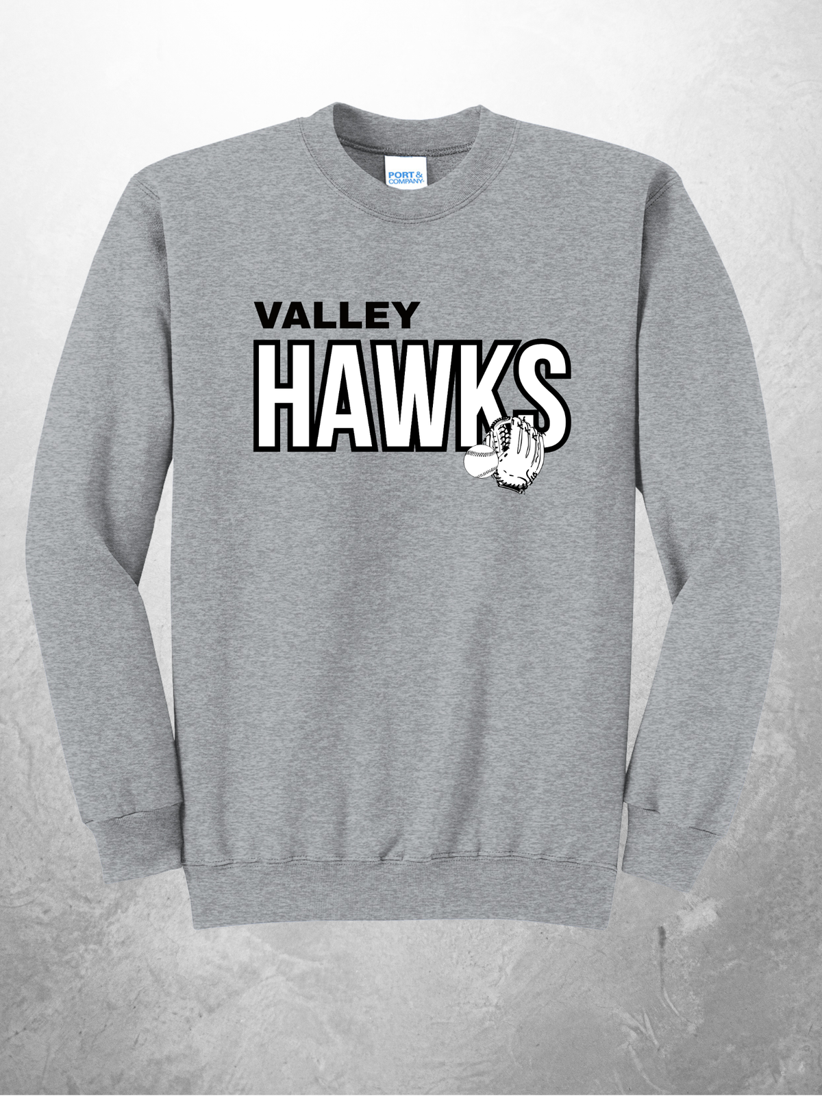 Valley Hawks contrast logo design on athletic heather crewneck