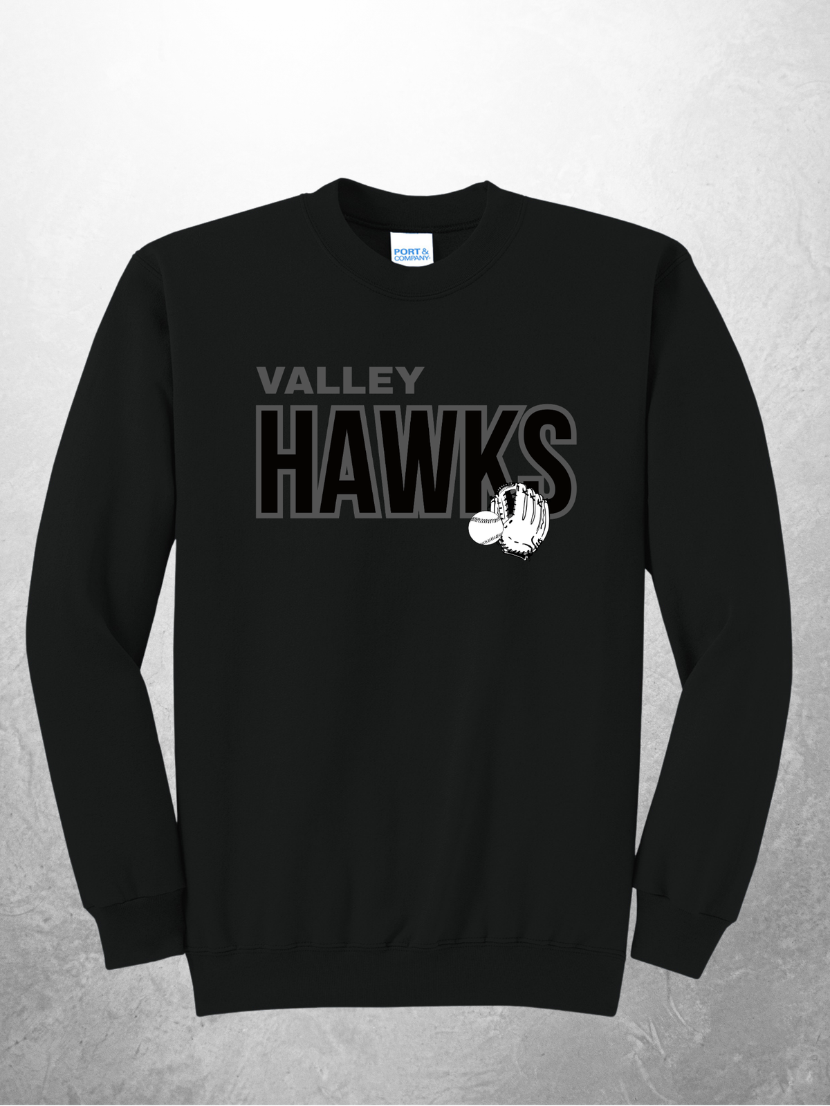 Valley Hawks tonal logo design on black crewneck