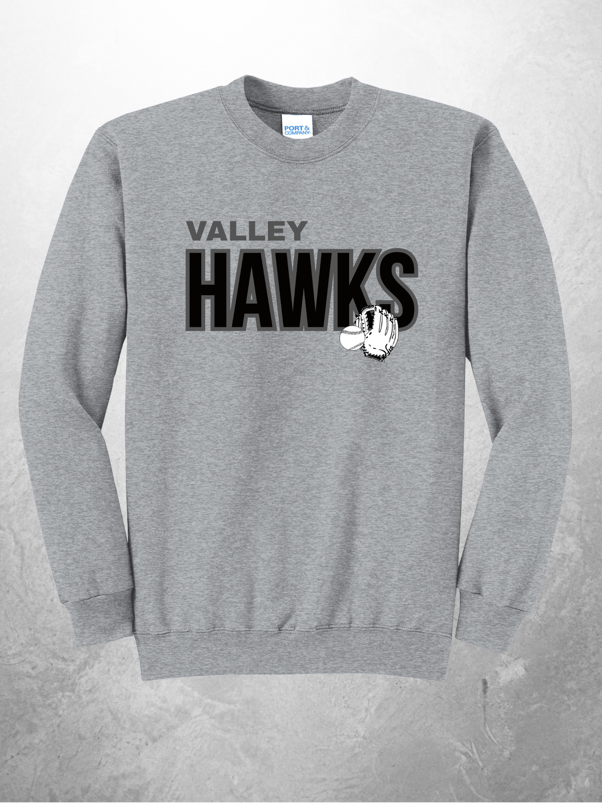 Valley Hawks tonal logo design on athletic heather crewneck