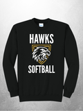 Hawks Softball vertical design on black crewneck