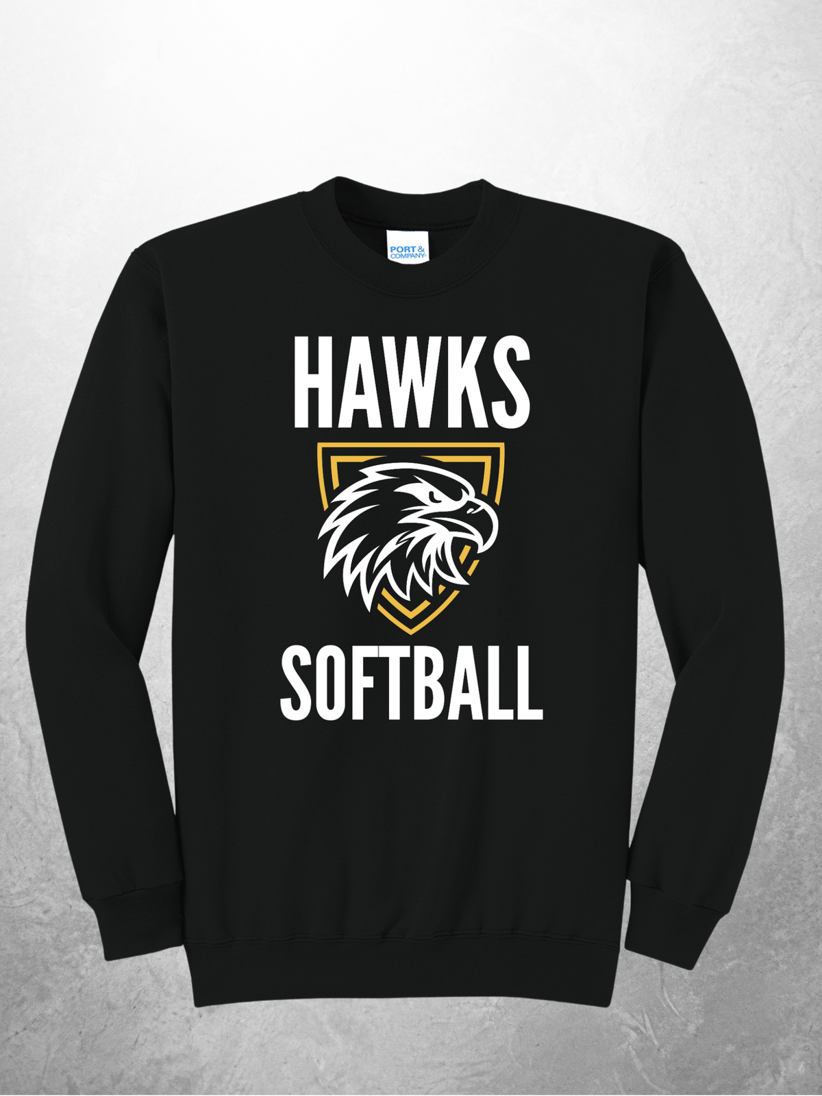 Hawks Softball vertical design on black crewneck