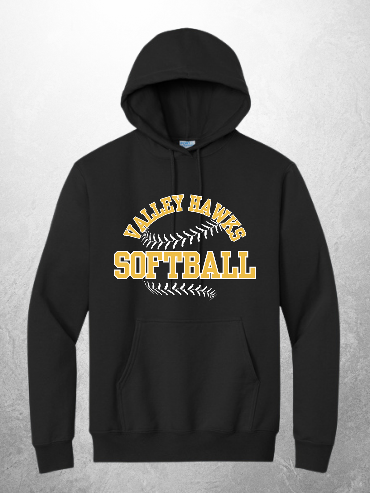 Valley Hawks Softball arch design on black adult hoodie