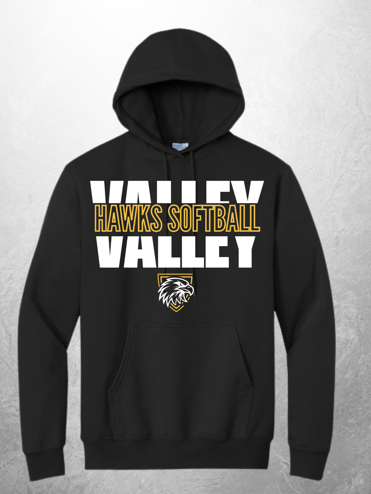 Hawks Softball block design on black adult hoodie