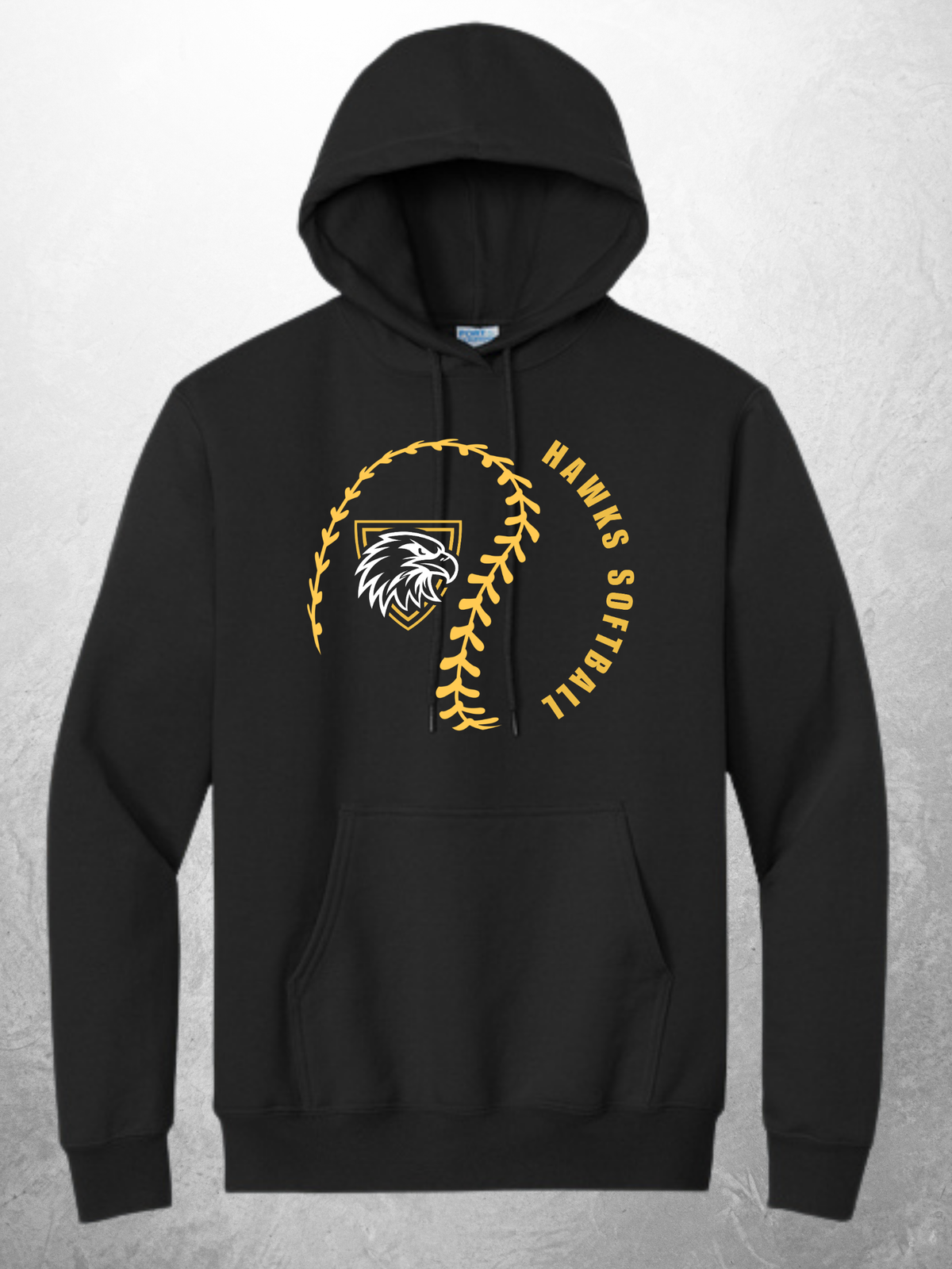 Hawks Softball swirl design on black adult hoodie