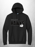 Valley Hawks tonal logo design on black adult hoodie