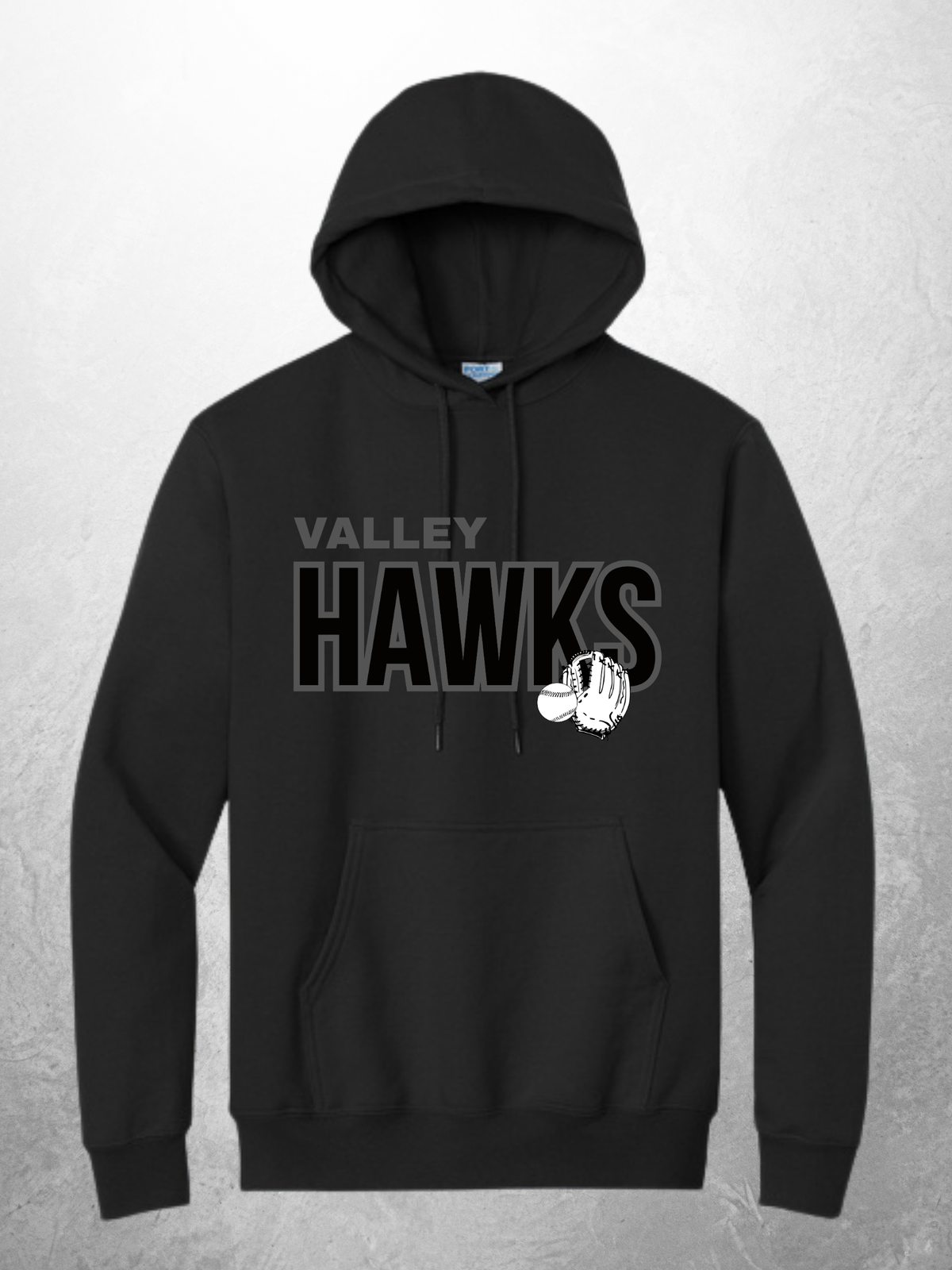 Valley Hawks tonal logo design on black adult hoodie