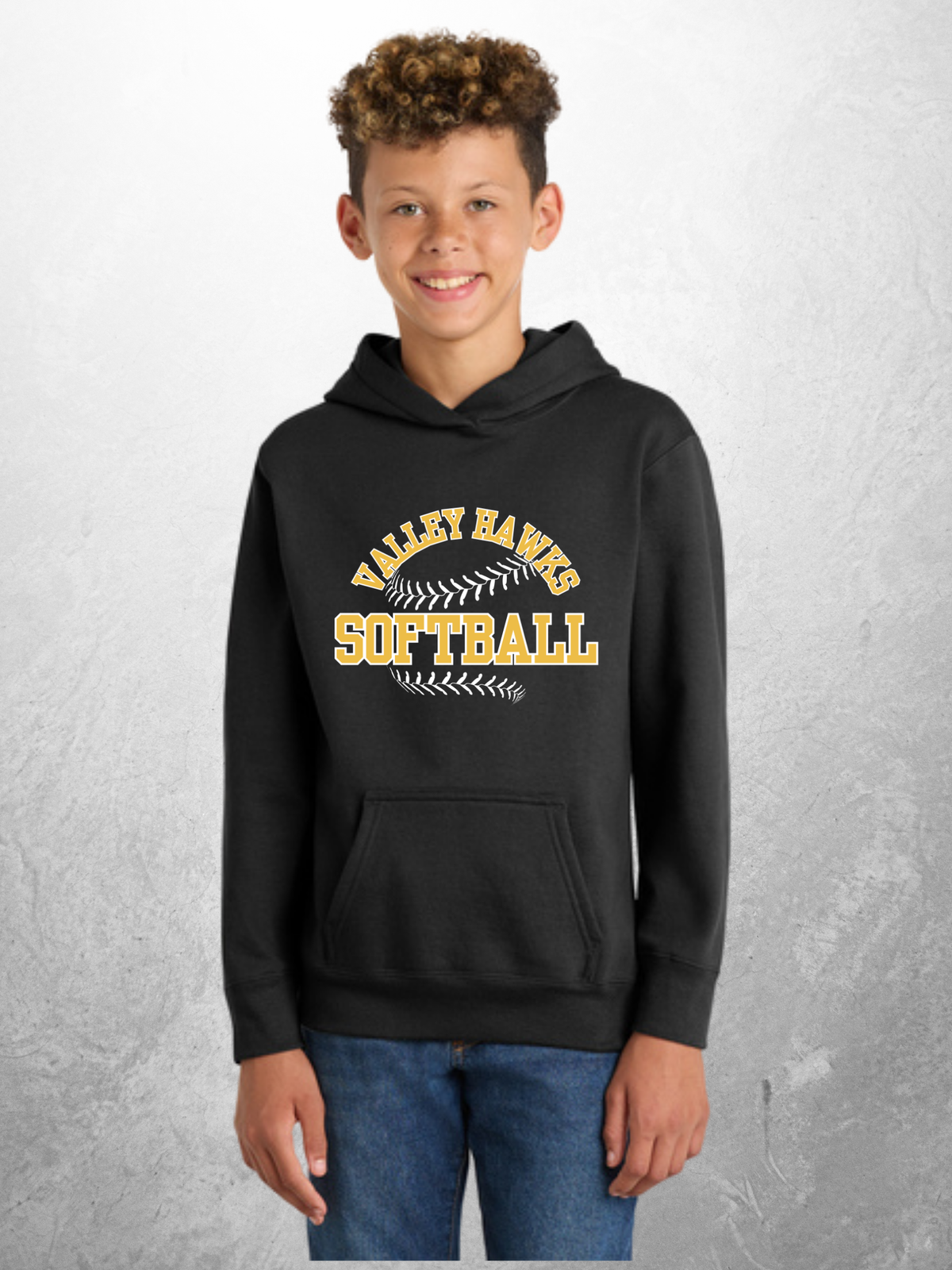 Valley Hawks Softball arch design on youth black hoodie