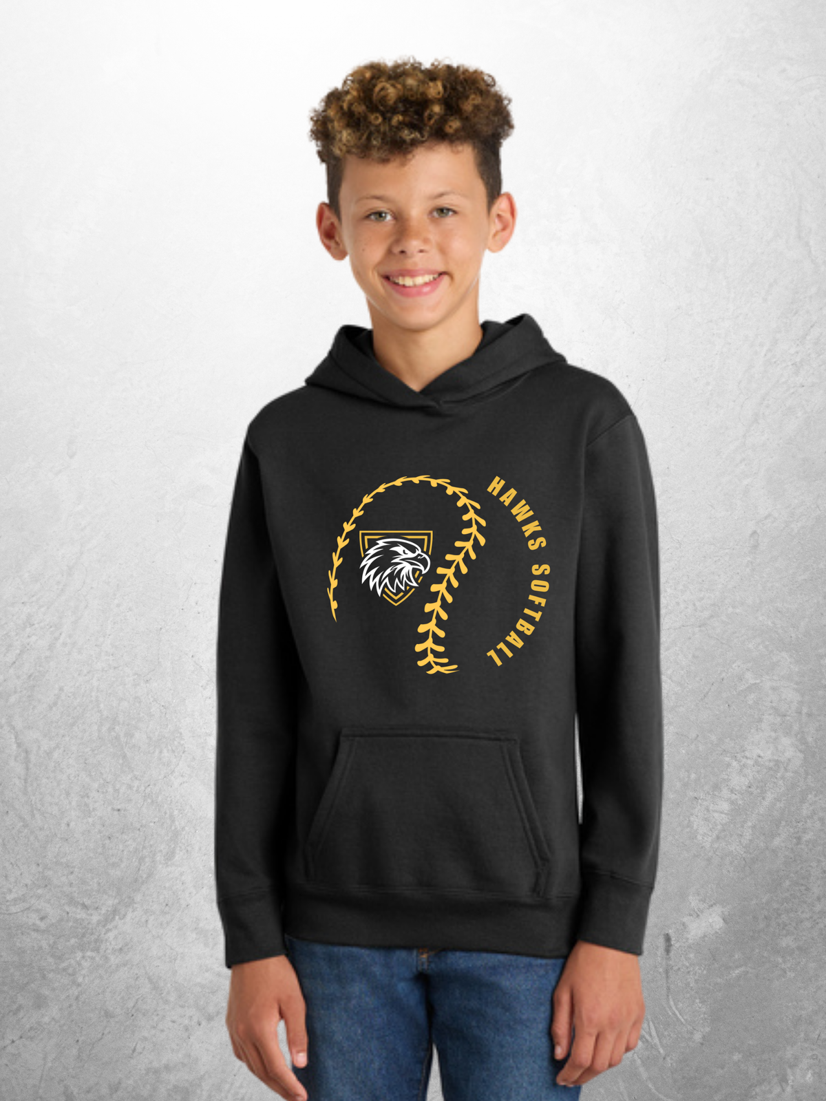 Hawks Softball swirl design on youth black hoodie