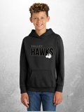 Valley Hawks tonal logo design on youth black hoodie