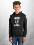 Hawks Softball vertical design on youth black hoodie