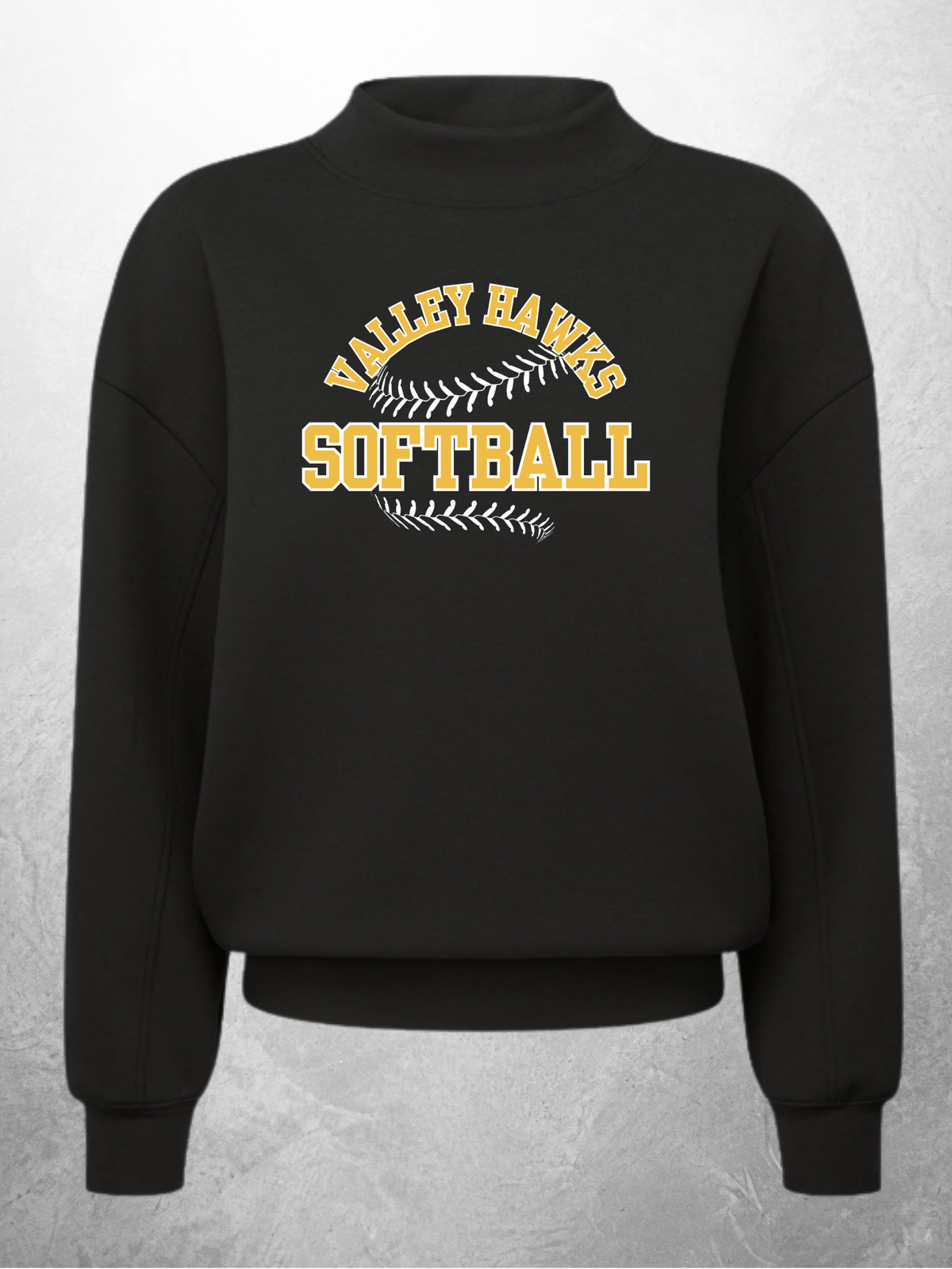 Valley Hawks Softball arch design on black mock neck sweatshirt