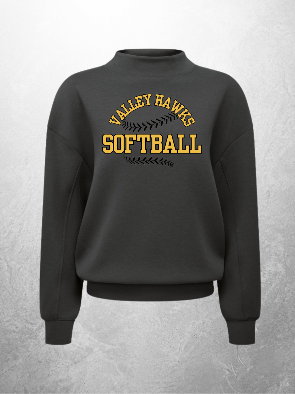 Valley Hawks Softball arch design on charcoal mock neck sweatshirt