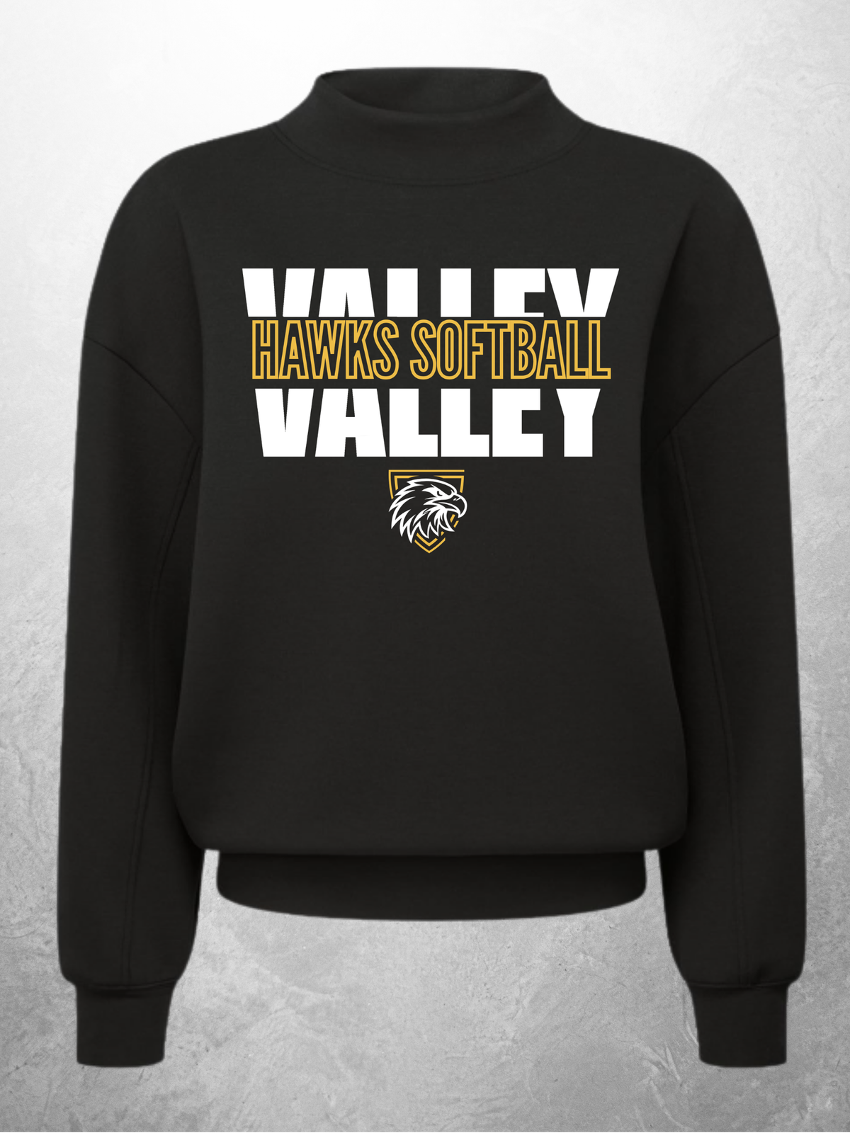 Hawks Softball block design on black mock neck sweatshirt