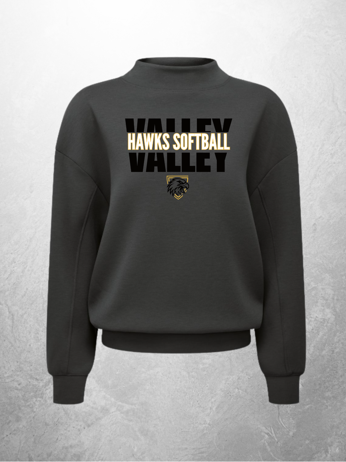 Hawks Softball block design on charcoal mock neck sweatshirt